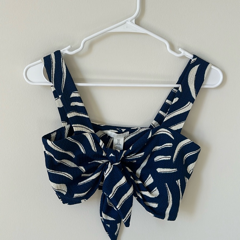 Blue and white tie front crop top